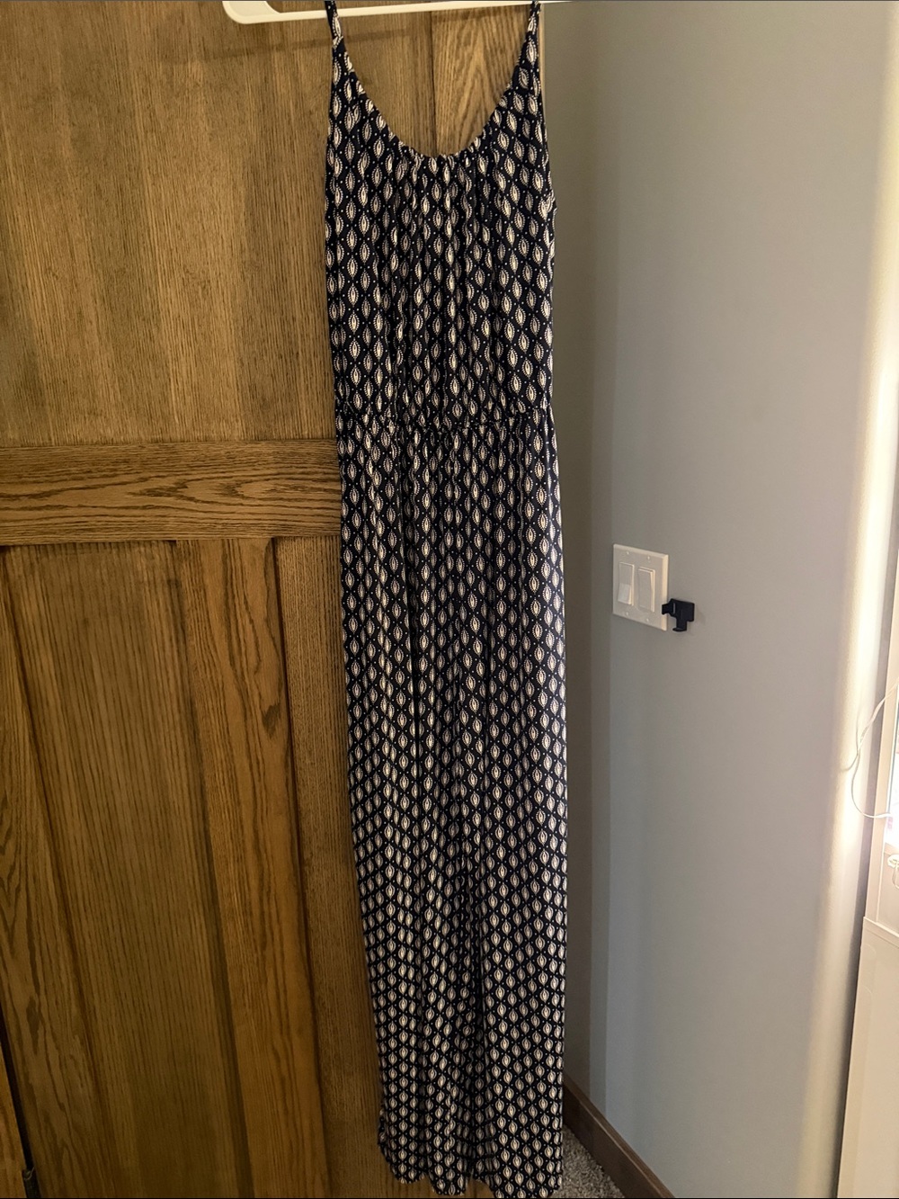 Navy and White Printed Spaghetti Strap Maxi Romper